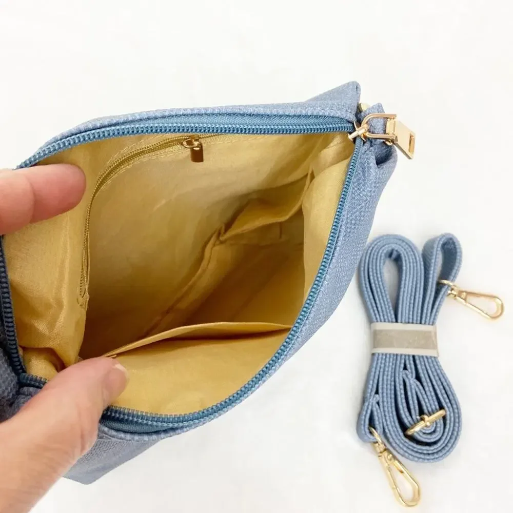 Blue Shoulder Bag Set Medium Large 11x14 w/ Detailed Strap + Matching Pouch NWT